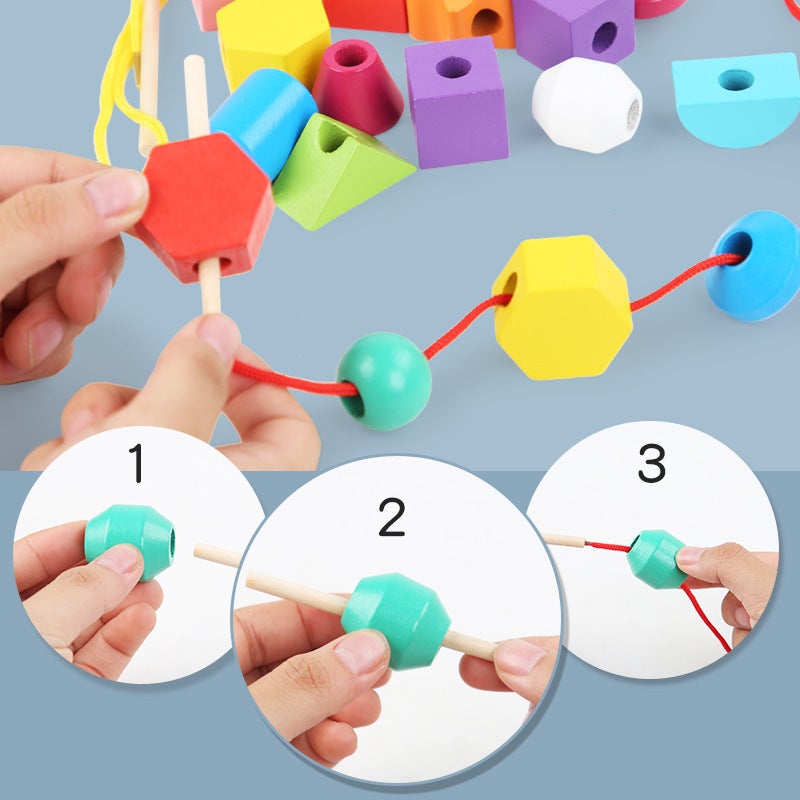 Wooden Geometric Shape Cognitive Matching Block Children'S Montessori Beaded Rope Five Sets Of Column Puzzle Play - Image 4